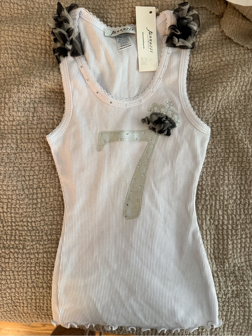 Kids White Ribbed Tank Top with Silver '7' and Black Floral Accents